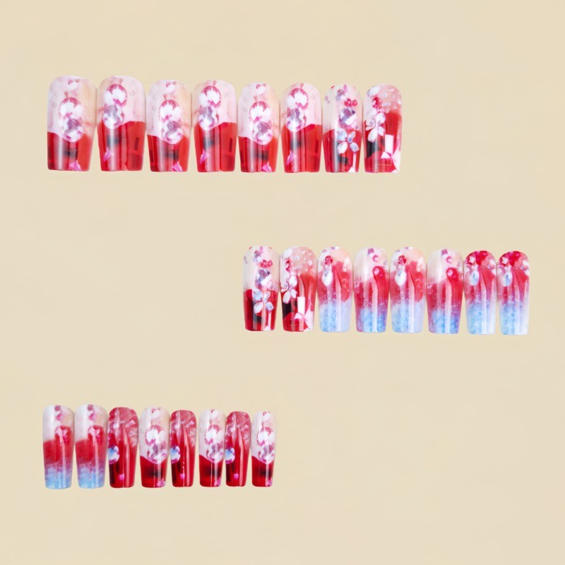48PCS luxury pink purple gradient red diamond press in nail art, reusable nail