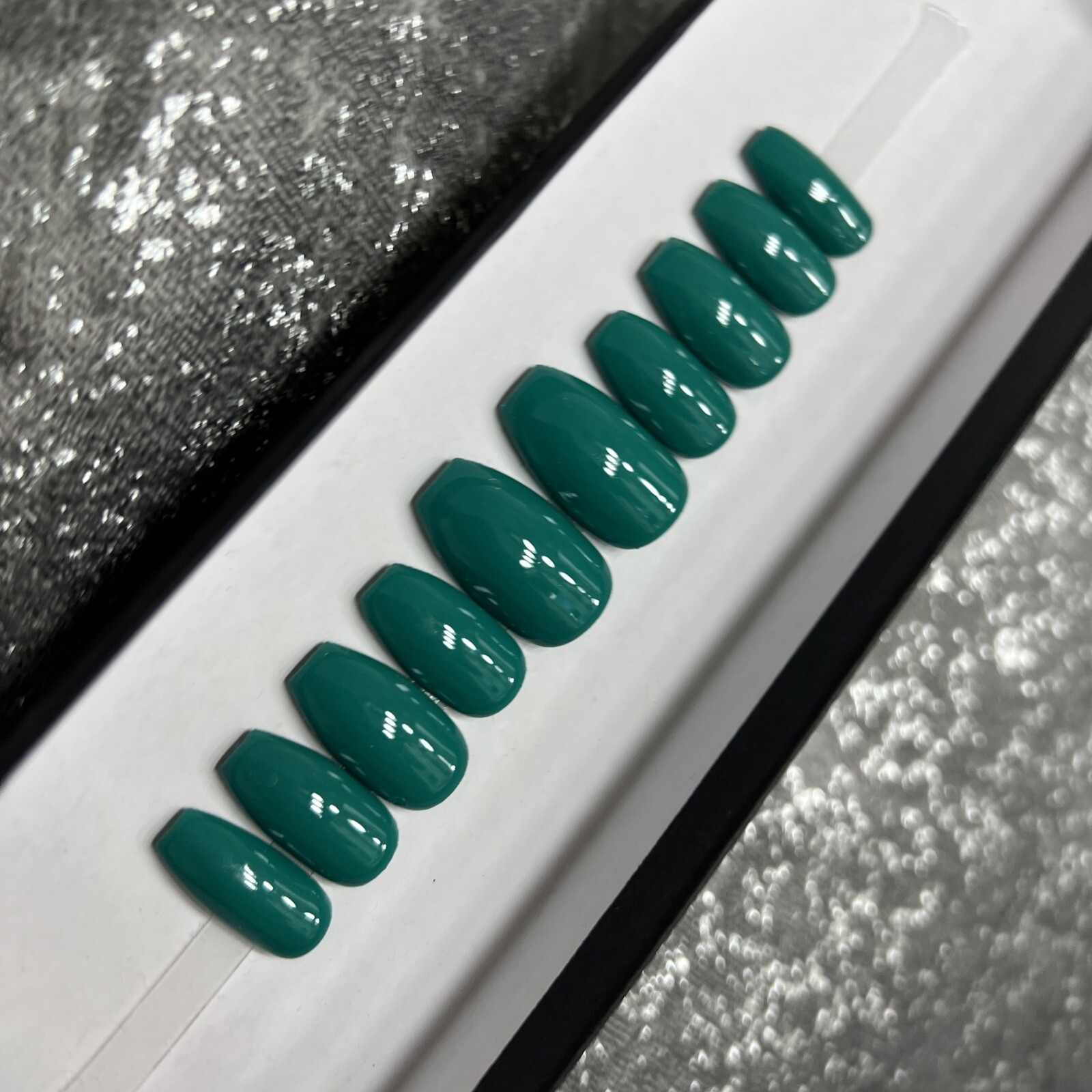 🔥 CUSTOM Gel Press On Nails, ￼ ￼Blue Green, Ballerina short, 10p Set W FULL KIT