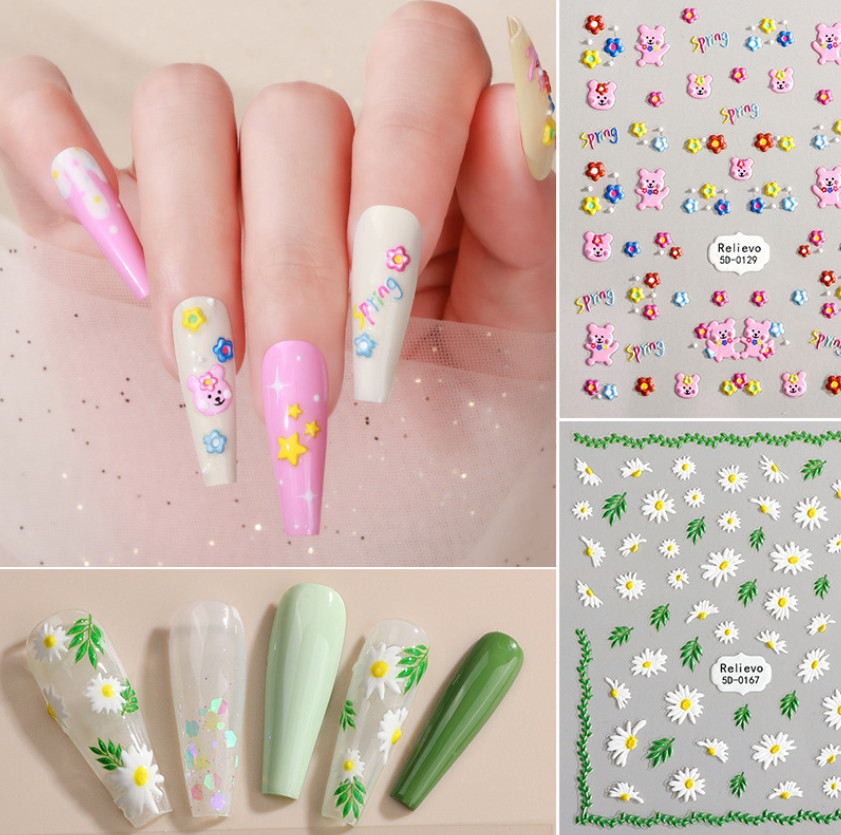 5D Embossed Petal Daisy Flower Heart Bear Snowflake Nail Stickers Manicure NS54