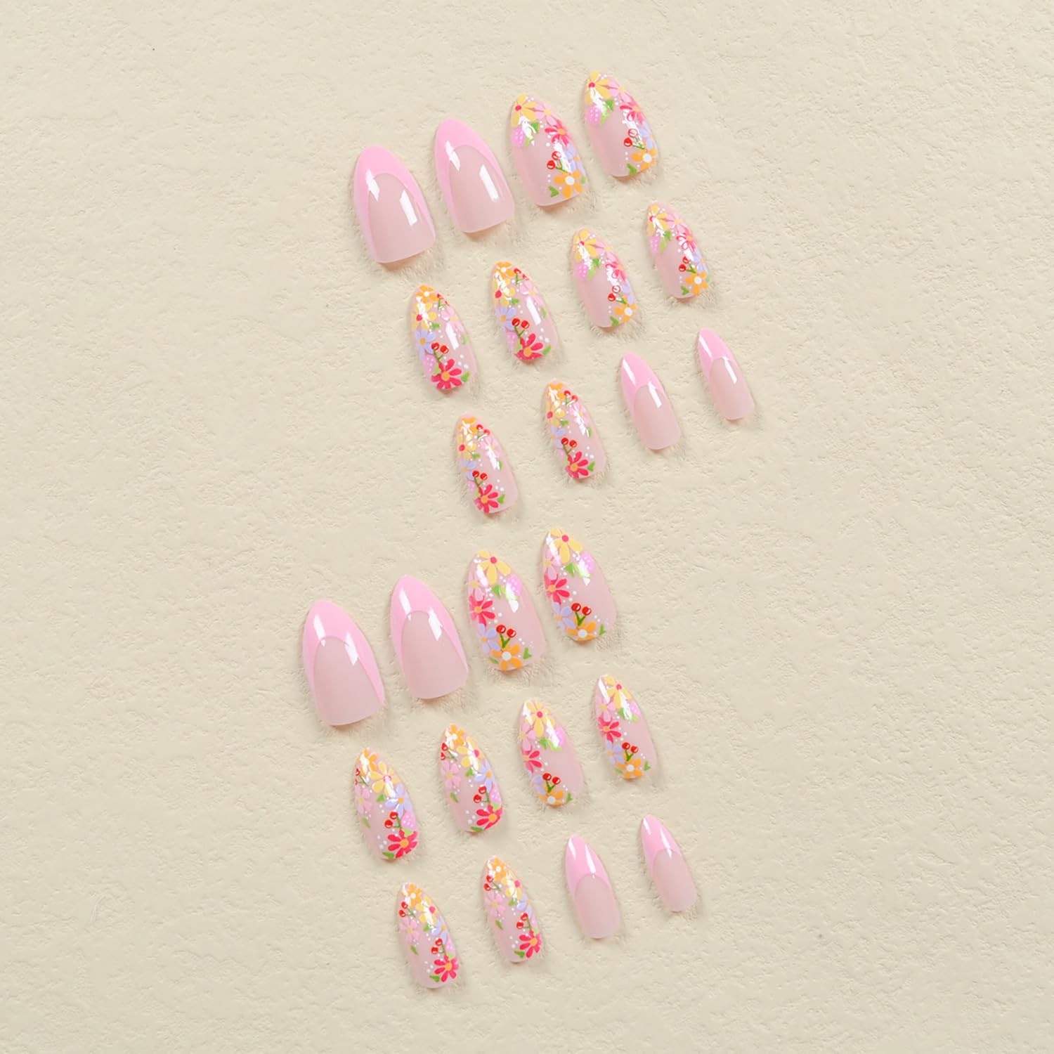 24 Pcs French Tip Press On Nails – Almond Shape, Medium Length, Pink & Colorf…