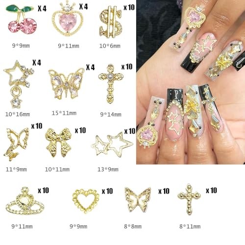 106 PCS Gold Nail Charms 3D Nail Art Charms Cherry Butterfly Cross Bow Star
