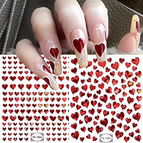 6 Sheets Heart Nail Art Stickers, Valentine’s Day Nail Decals 3D Self Design 20