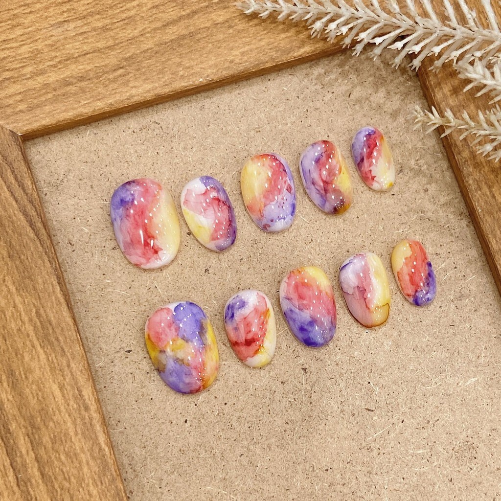 Handmade Marbled Painted Galaxy Starry Sky False Nail Short Round Press On Nail