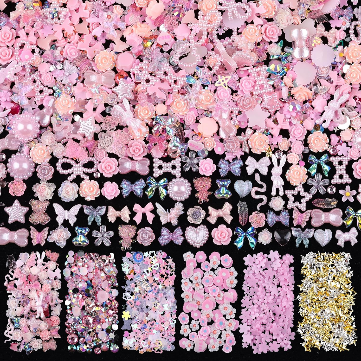 1500Pcs 3D Black Nail Charms for Acrylic Nails, Resin Butterfly Flower Star Hear