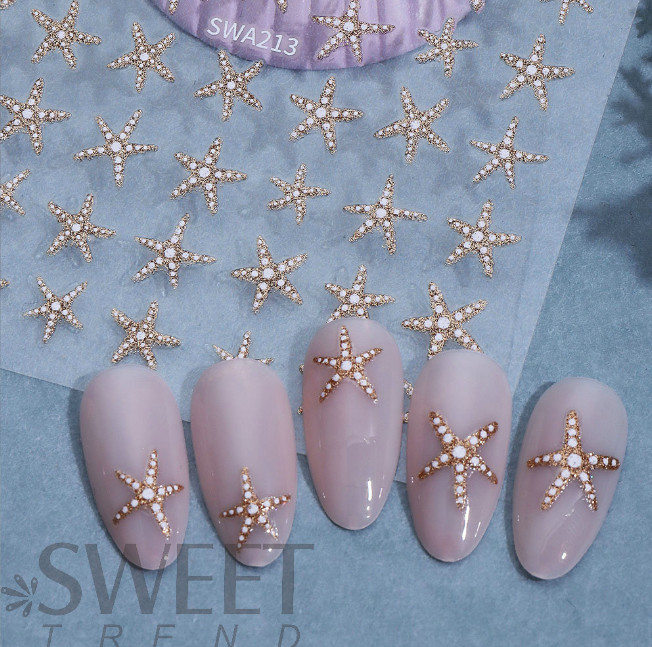 2pcs 3D Summer Ocean Style Glitter Star Nail Stickers Silver Gold Star Design S8