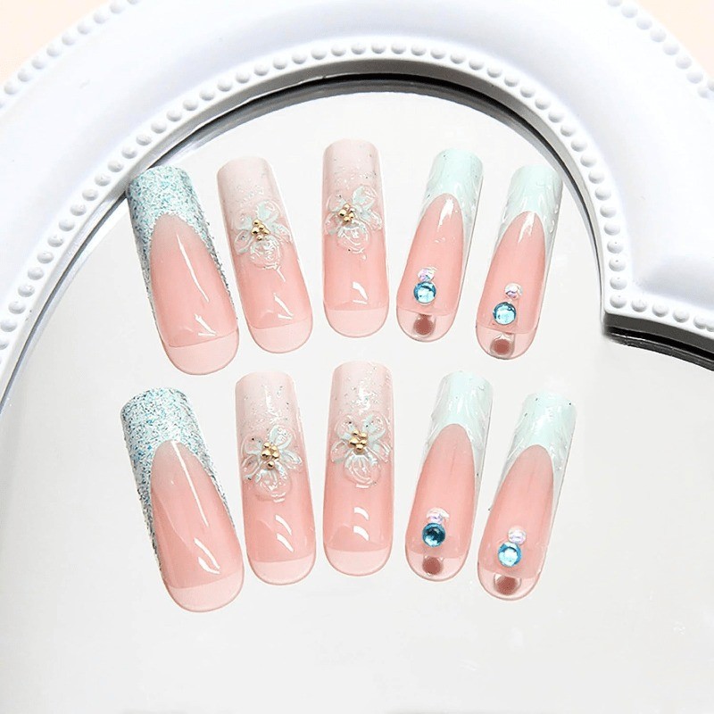 48 Pcs of Fresh Mint Green 3D Flower Handmade Fake Nails – Removable Fake Nail