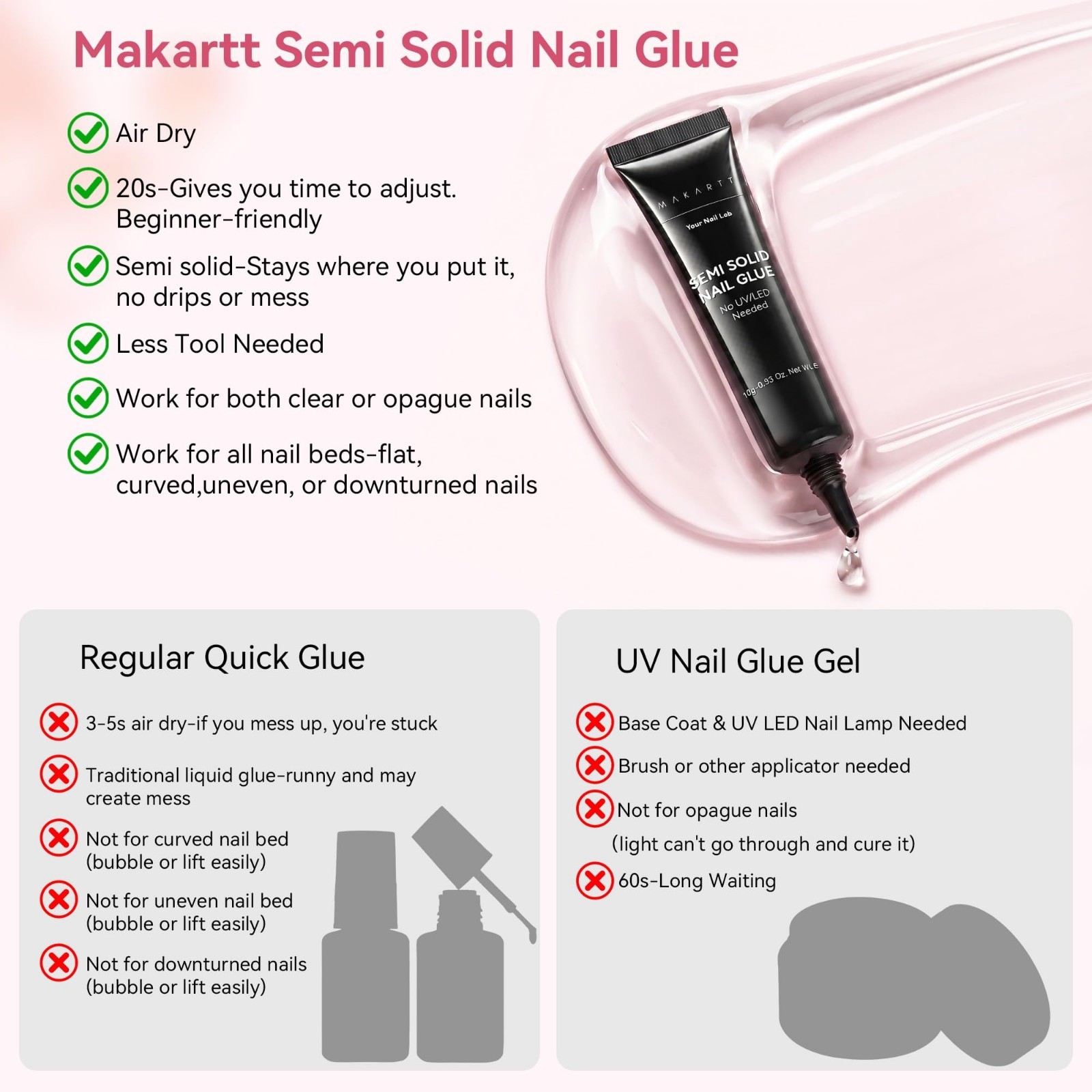 Press On Nail Glue – No UV Needed, 20s Air Dry, Strong Hold, Easy DIY, Hema-Free