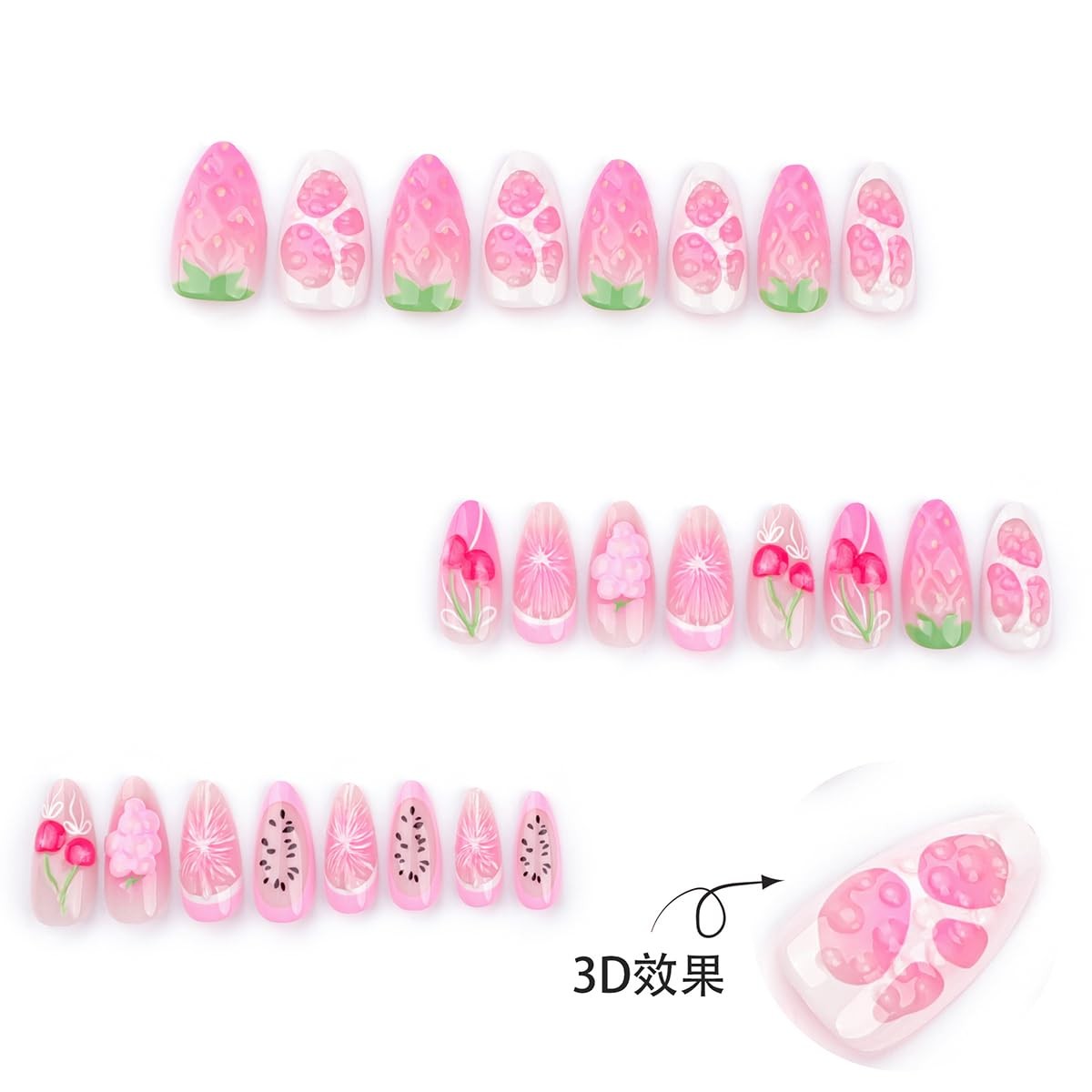 24Pcs Summer Fruit Press on Nails Almond Long 1 Fl Oz (Pack of 1), Multicolor