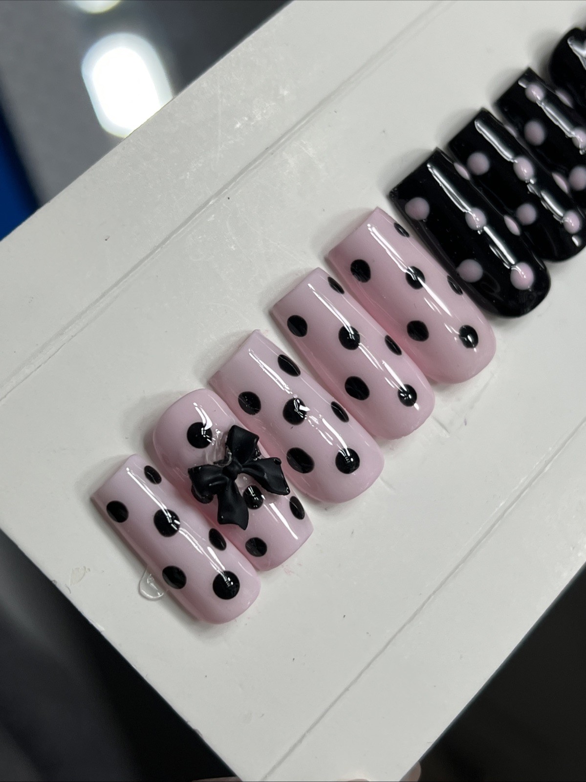 🌸 CUSTOM Press On Nails PINK BLACK POLKA DOTS BOW 10p SET W Kit