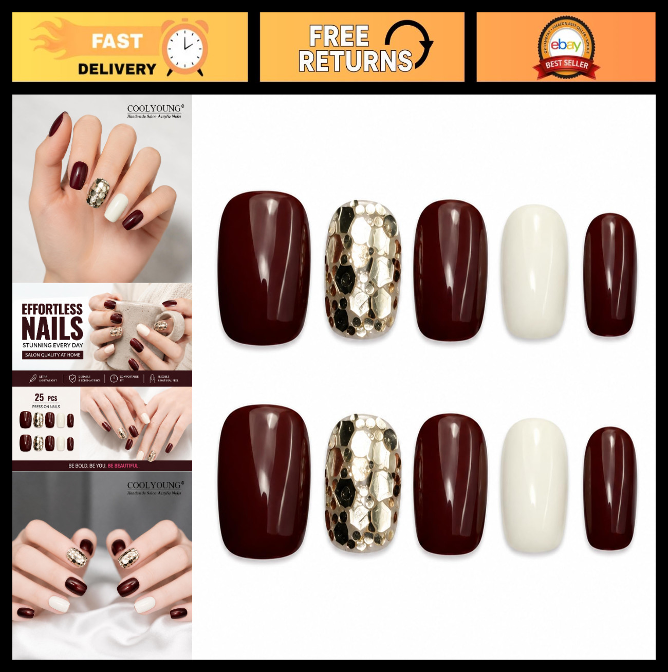 Red White Glitter Press On Nails – 25 PCS Short Square Acrylic Fake Nails for Wo