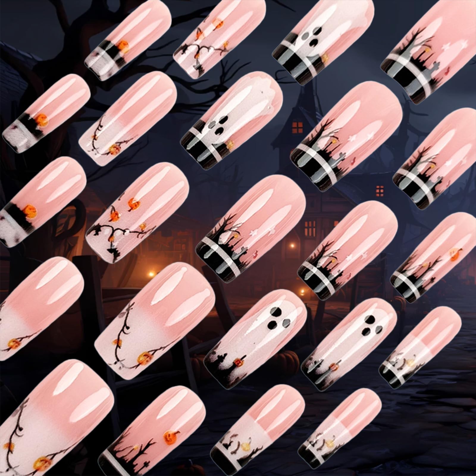 Halloween Press on Nails Pumpkins Stick on Fingernails 24Pcs Ghost Medium Squ…