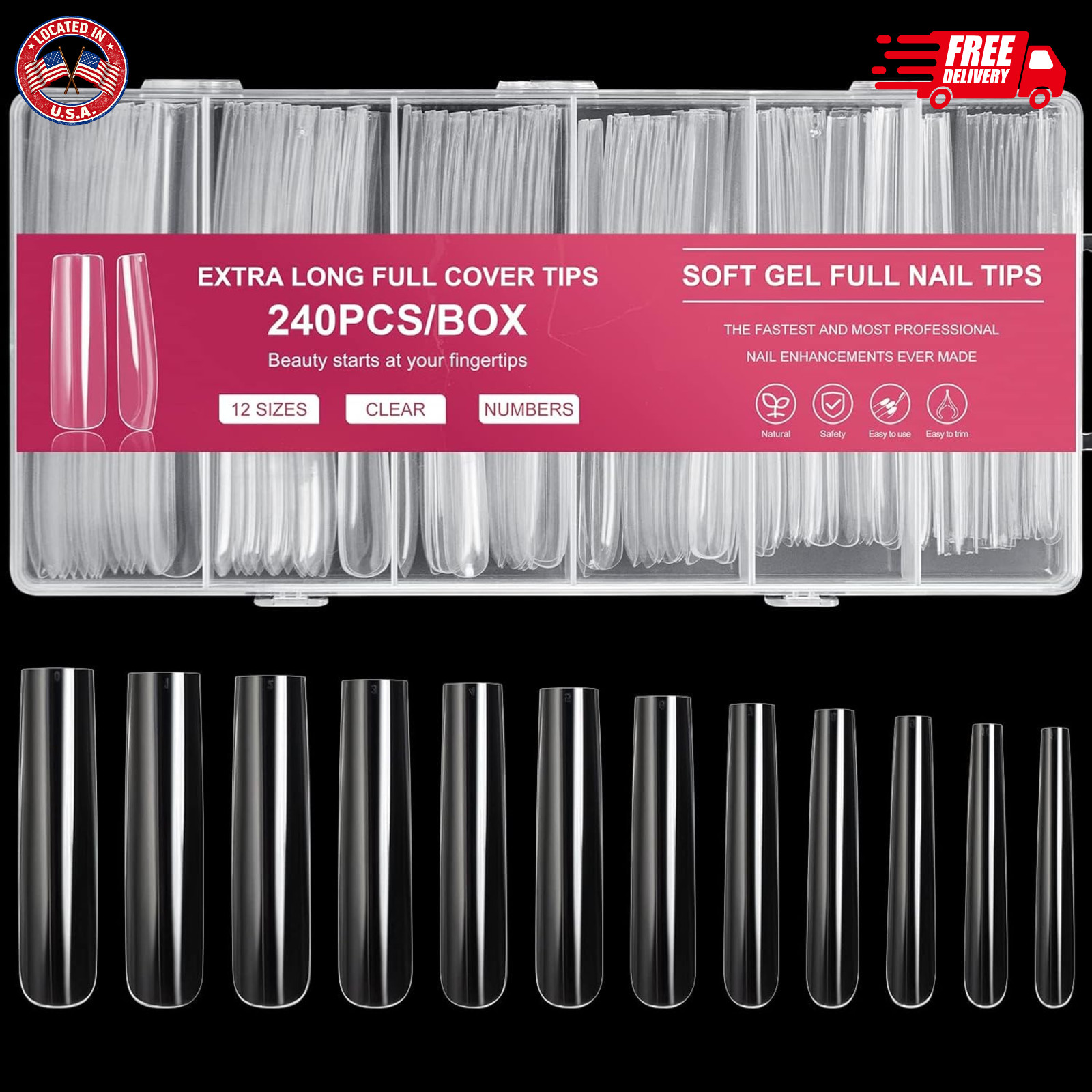 AORAEM Extra Long Square Full Cover Nail Tips 240PCS XXXL Clear Full Cover Fake