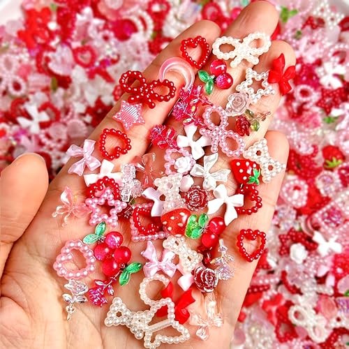 100pcs 3D Pink Red Strawberry Flower Nail Charms Cherry Rose Camellia pink