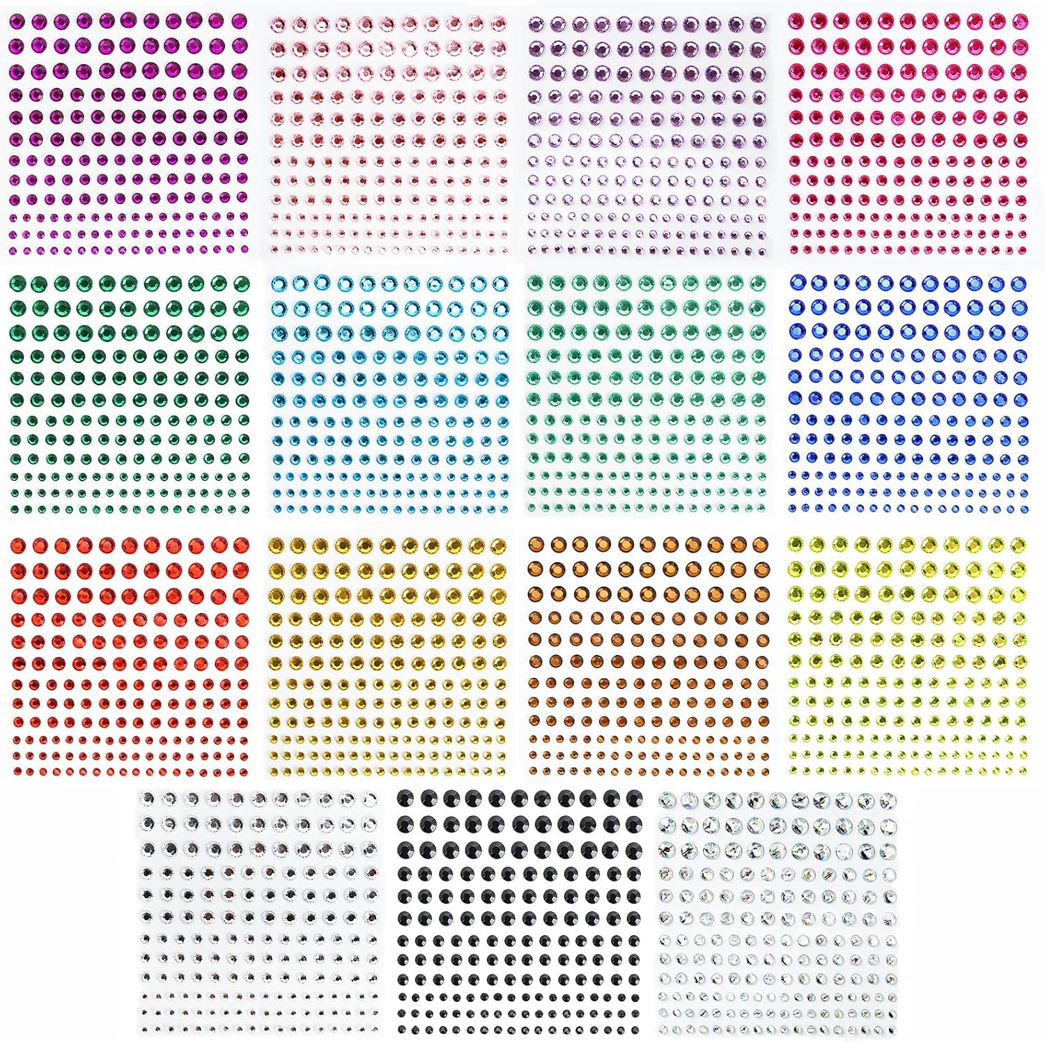 Rhinestone Stickers 2478Pcs Self Adhesive Facial Gem Stickers,4 Sizes 15 Colors