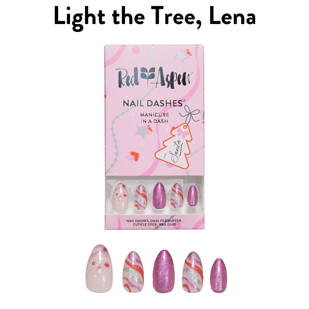 Red Aspen Press On Nails- Light The Tree, Lena- Christmas -Medium- Almond