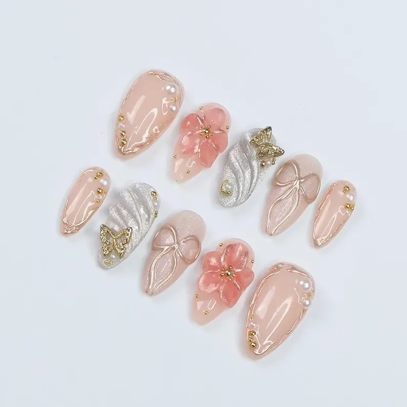 Blush Elegance Handmade Press-On Nails with 3D Flowers, Bows & Gold