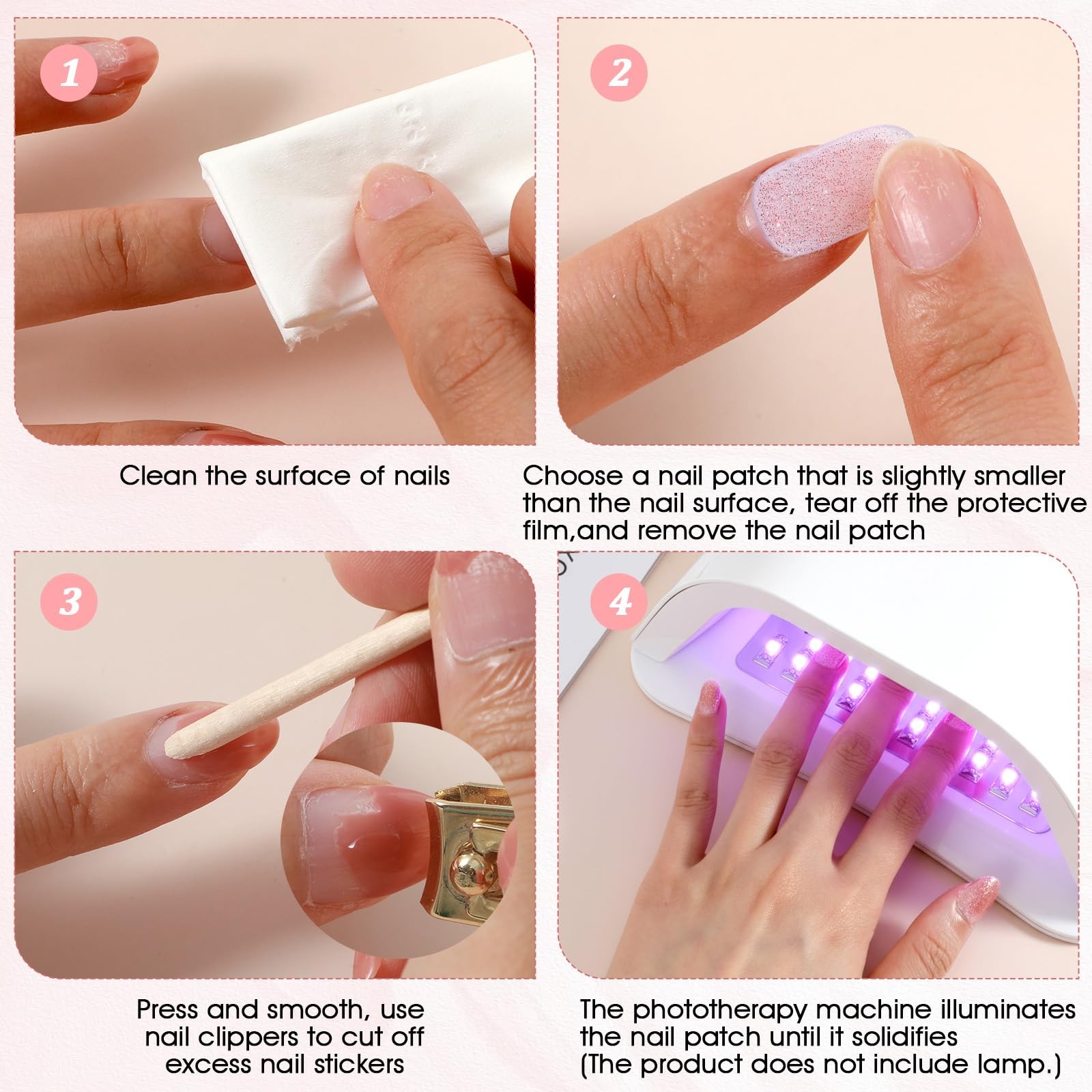 Xindojuz 16 PCS Pink Semi Cured Nail Strips Wraps, Black White Glitter Press …