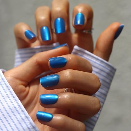 32Pcs Cat Eye Press On Nails Short Square – Royal Blue False Nails Blue Velvet