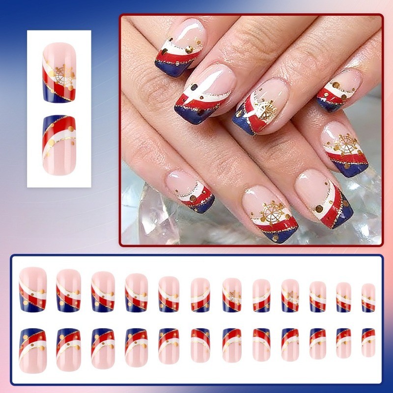 48pcs-Ocean-themed Nails, Press on Square with Red, White, Blue and Gold Accents
