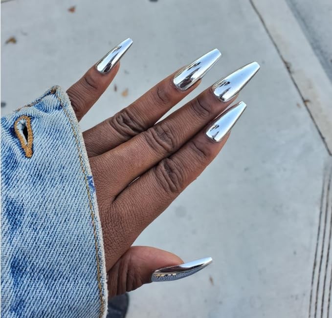 iMABC Silver Punk Metallic Press On False Nails Long 26 Piece Set,