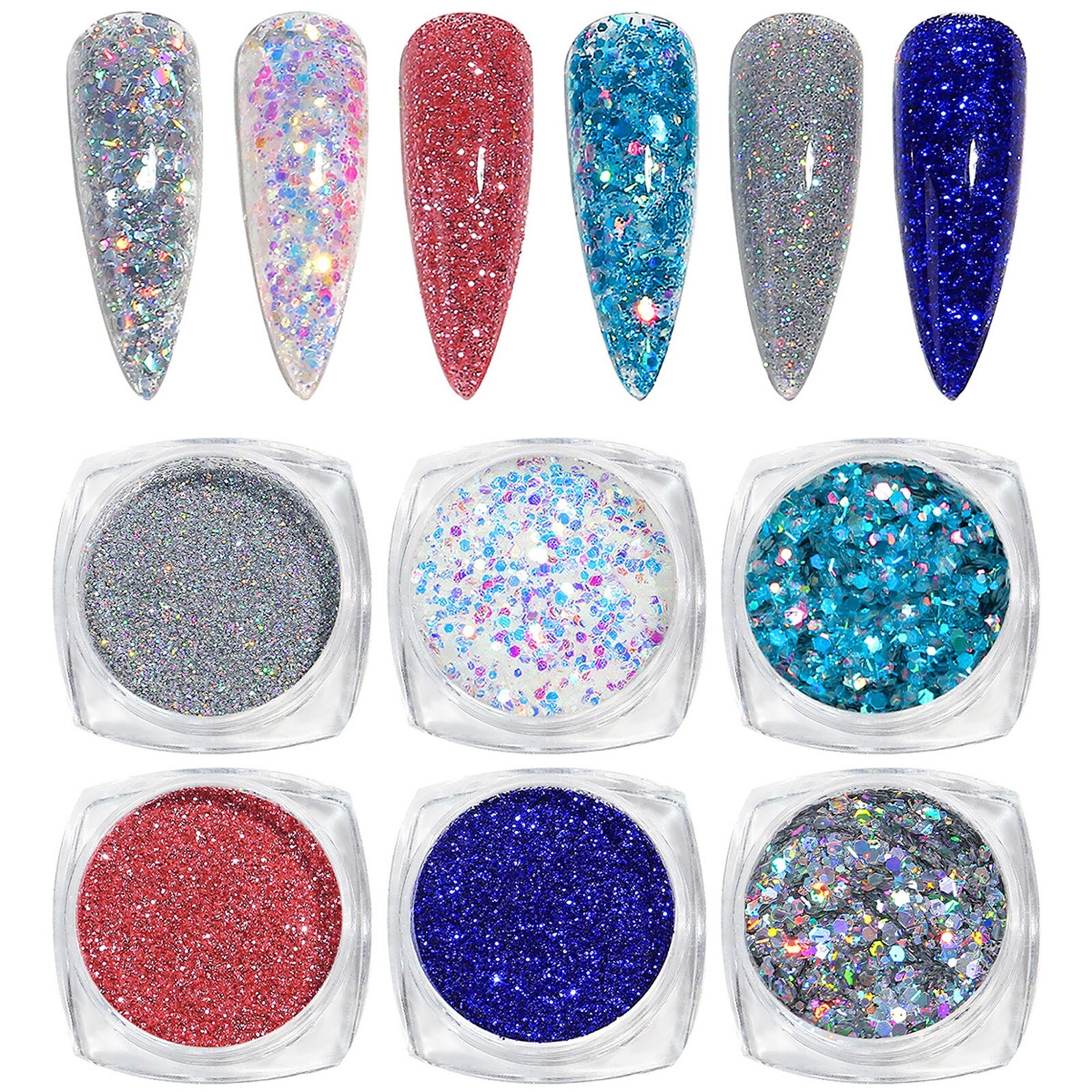 6 Mix Colors Set Nail Art Glitter Powder Dust Sparkly Sequins Shiny Flakes DIY
