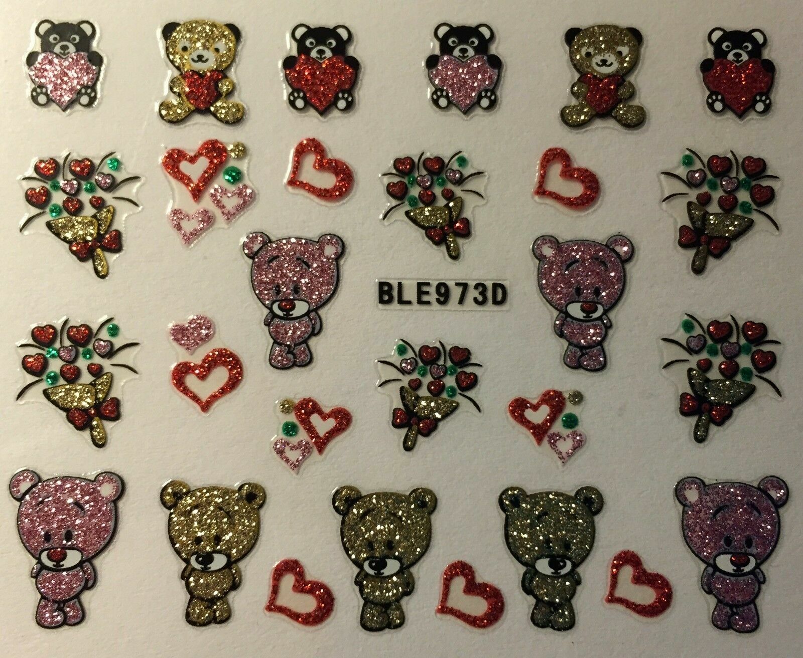 Nail Art 3D Decal Glitter Stickers Valentine’s Day Teddy Bears Hearts BLE973D