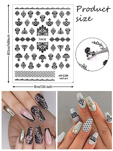 9 Sheets Lace Nail Art Stickers, Black Lace Flower Design 3D Self-Adhesive