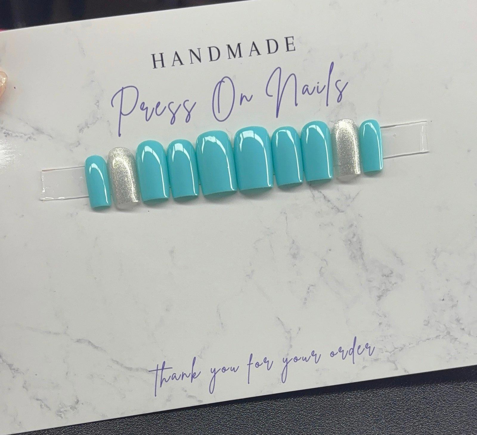 Short square Press on nails silver glitter teal light blue handmade custom gel