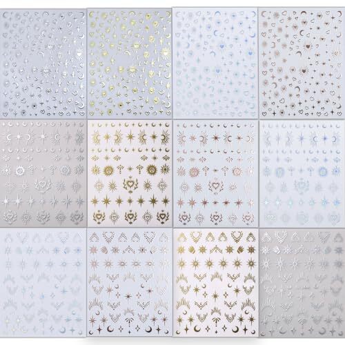 12pcs Aurora Silver Star Moon Nail Art Stickers 3D Star Nail Stickers for