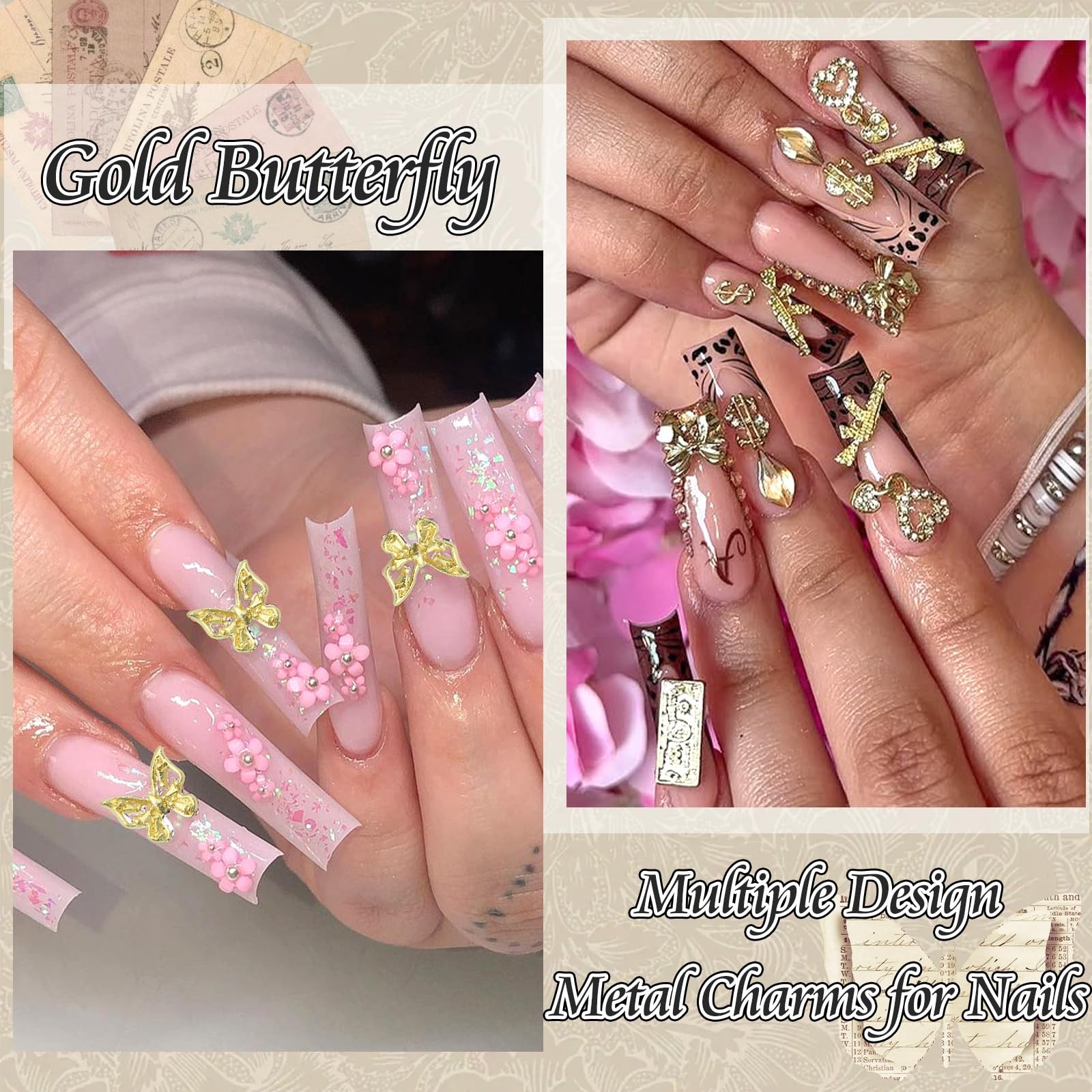120PCS Gold Nail Charms 3D Bow Butterfly Charms for Nails 12 Styles Nail Jewe…