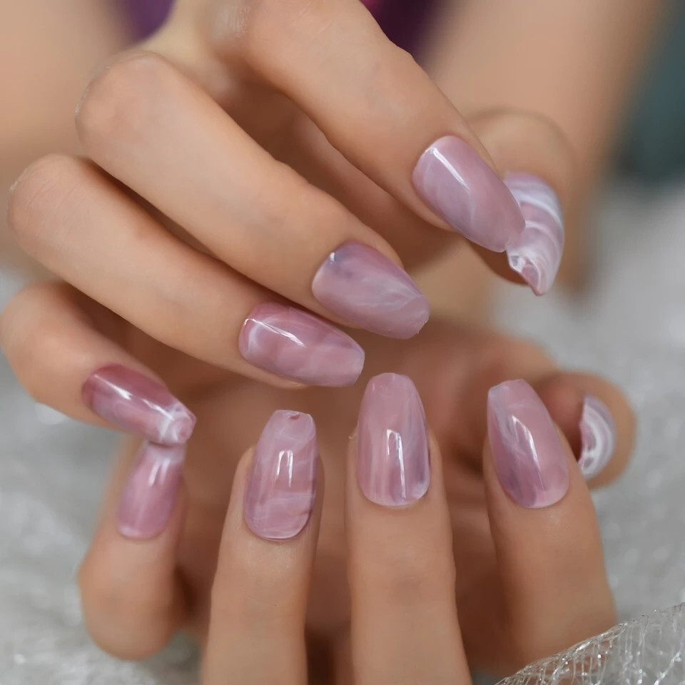 24 Medium Press on Nails kit glue on pink marble coffin