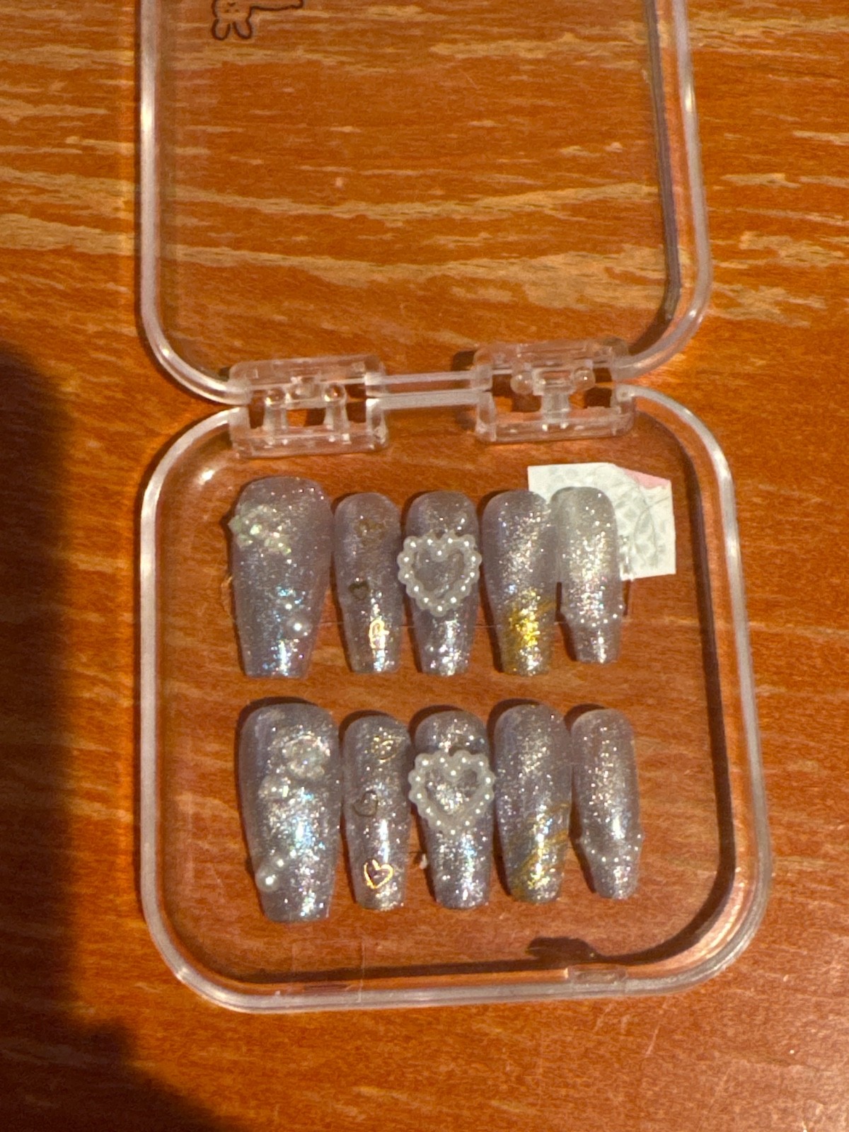 Homemade CUSTOM PressOn Nails, Coffin, XS/S, Long, Grey/Sparkly, Tweens, 3D Gem
