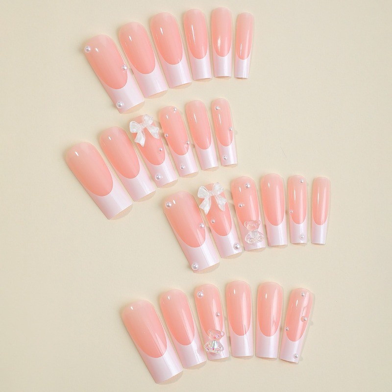 48pcs-Kawaii Long Coffin Nails with Nude Pink Base, White Tips and Bear Charms