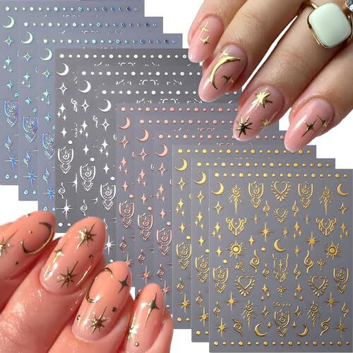 12 Sheets Star Nail Stickers for Nail Art Gold Moon Star Nail Art Style 3