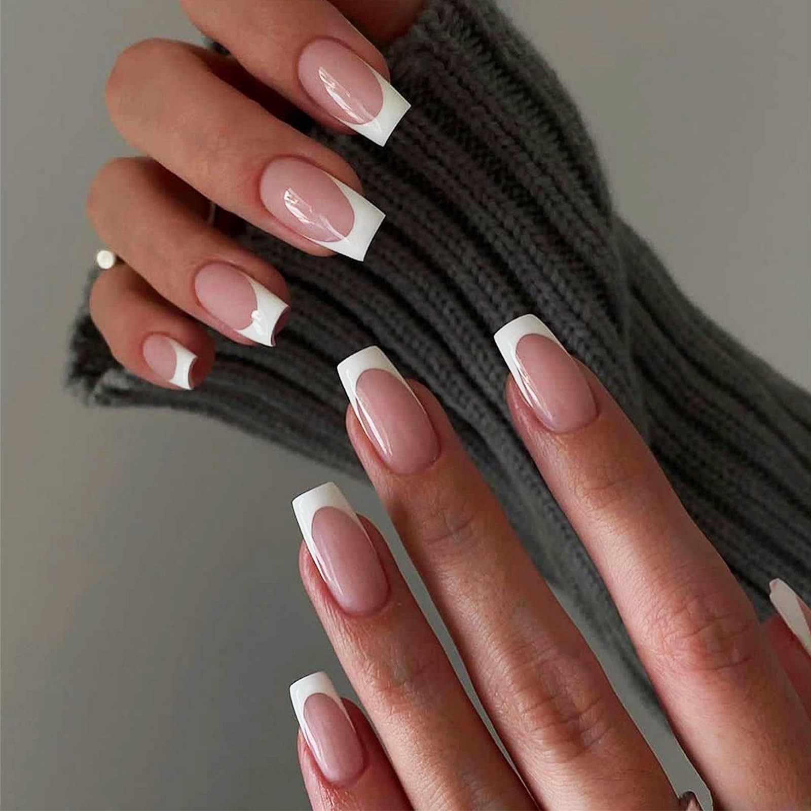 24Pcs White French Tips Press on Nails with Simple Design, Glossy Nude Medium