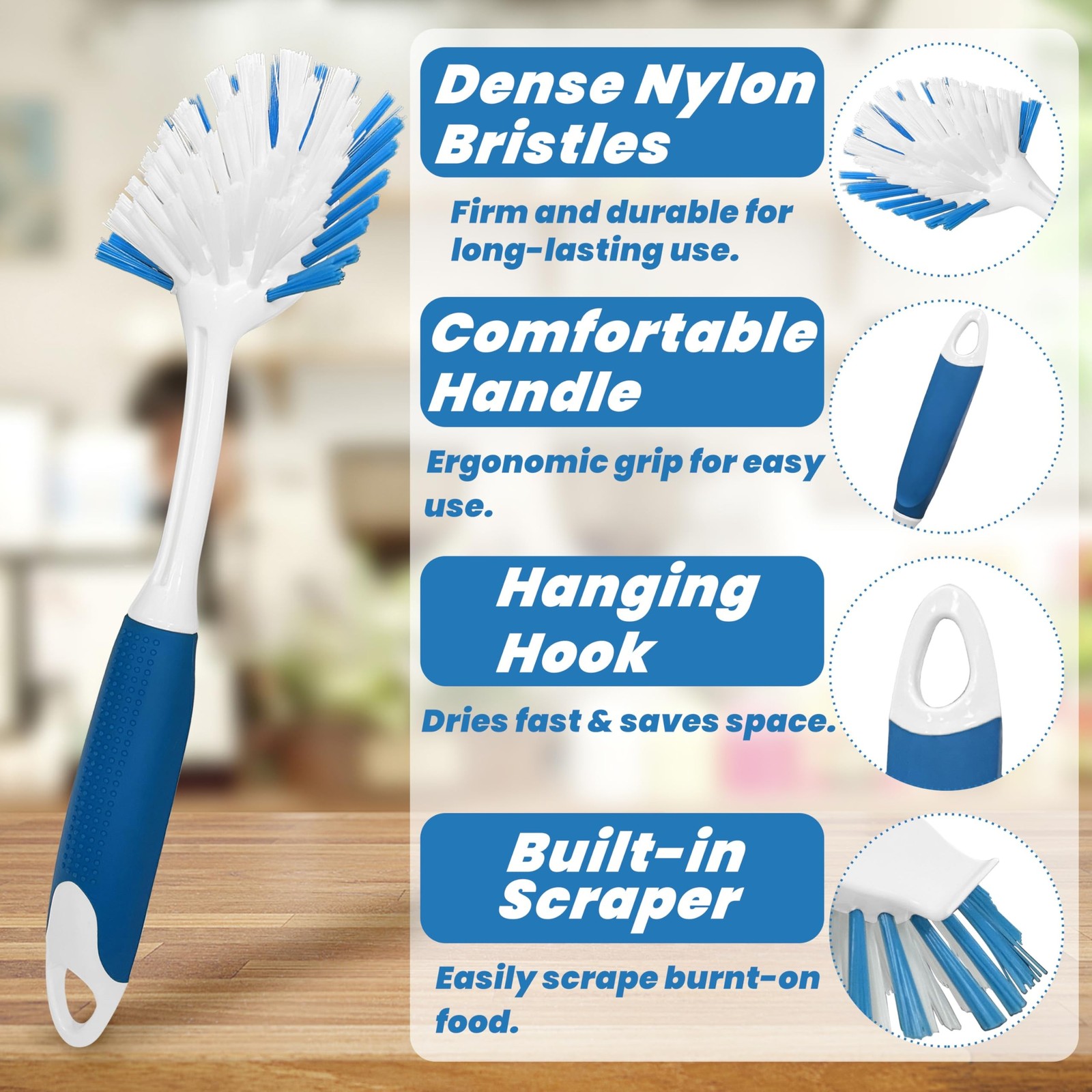 PHYEX 2-Pack Dish Brushes with Scraper, Durable Nylon Bristles Kitchen Scrub …