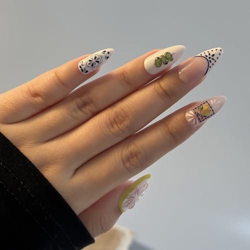 24Pcs Cute Summer Press on Nails Medium Almond Fake Nails 3D Goldfish Lemon-35
