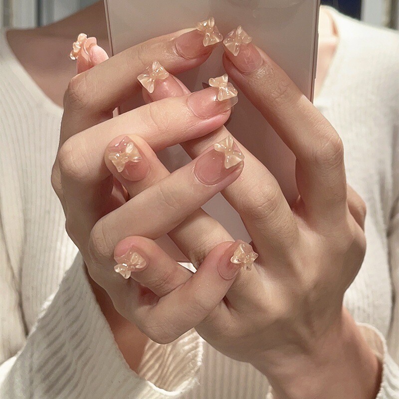Press On Nails Handmade Pure Desire Cute Bow Short Coffin S M L