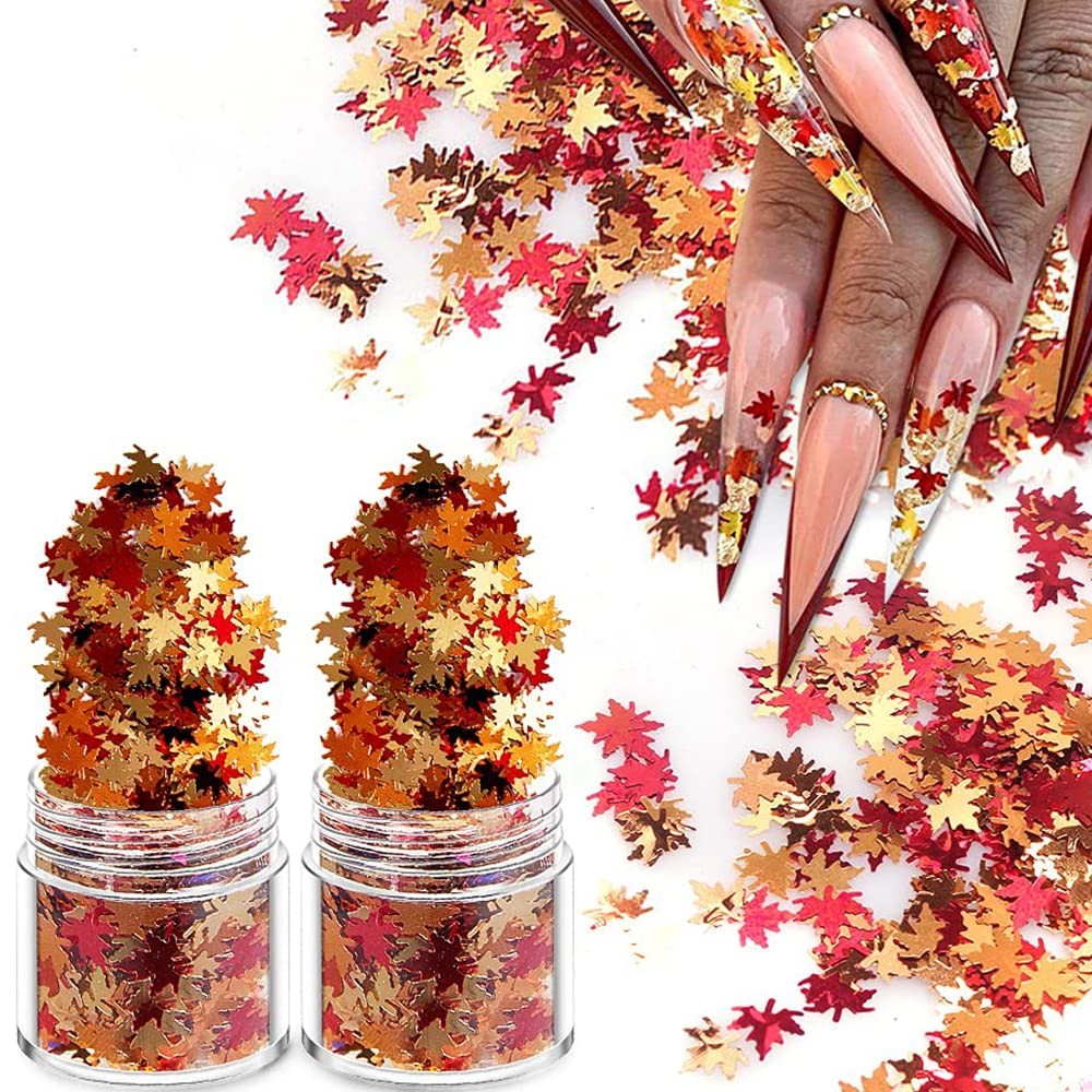 Holographic Glitters Fall Maple Leaf Shaped Nail Art Sequins Flakes 2 Pot, 3D…