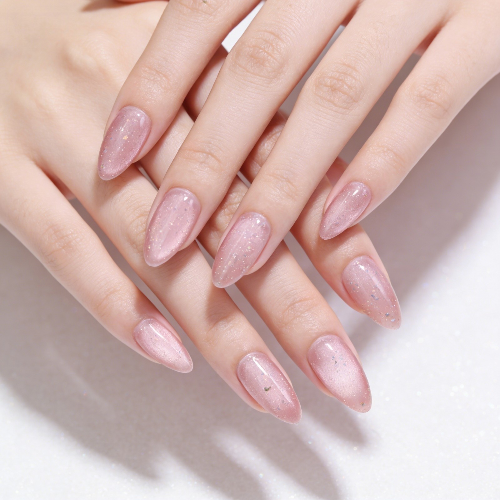 Sakura Pink Cat Eye Almond Press On Nails – Gold Foil Glitter Bridal False Nails