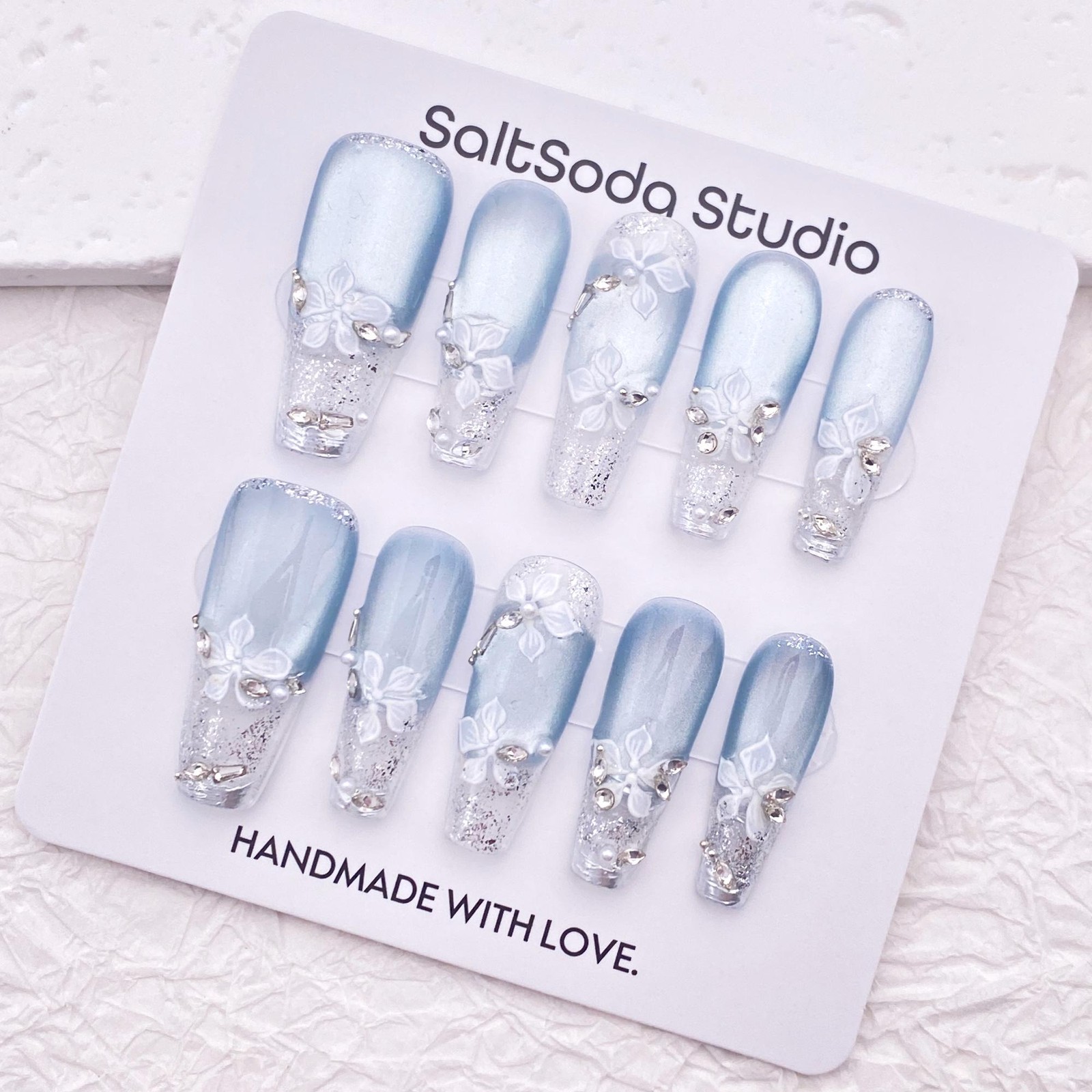 Custom Pure Handmade Nails Ice Blue White Flower Pearl Silver Decor Manicure