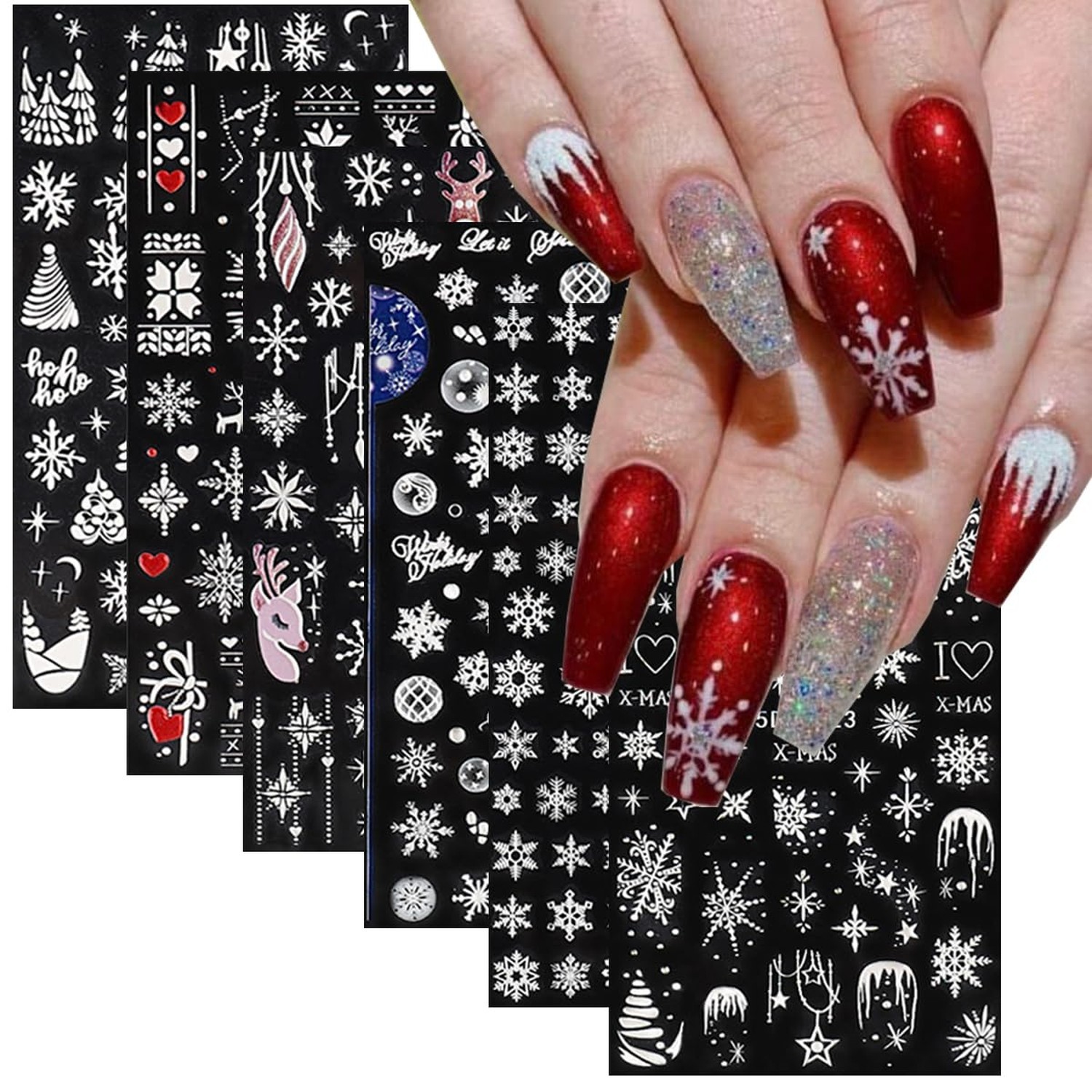 5D Embossed White Snowflake Nail Art Stickers,6 Sheets Engraved Snowflakes Na…