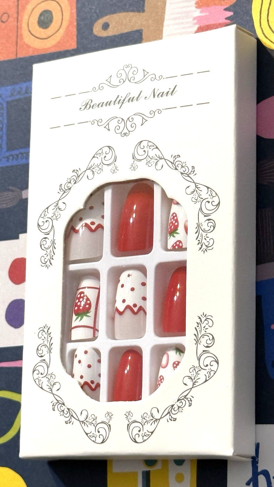 Beautiful Nail STRAWBERRY POLKA DOT FRENCH Press On Mani Short Round *NEW BOXED*