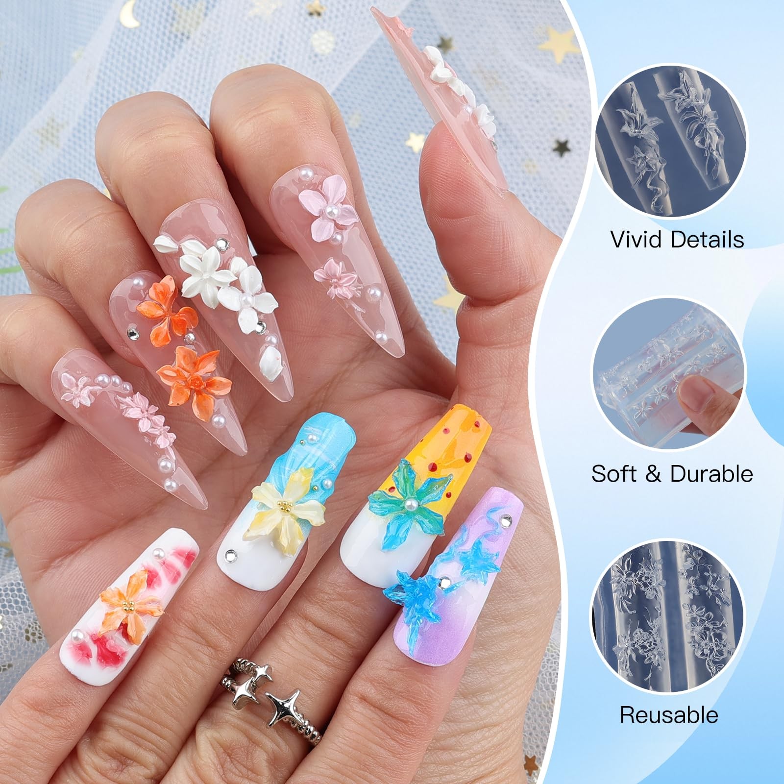 2 Pcs Flower Silicone Nail Art Molds, 3D Spring Summer Flowers Nail Charms Mo…