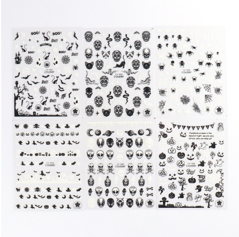6Pc Adhesive Luminous Nail Art Halloween Skull Ghost Pumpkin Spider Web Bat NS43
