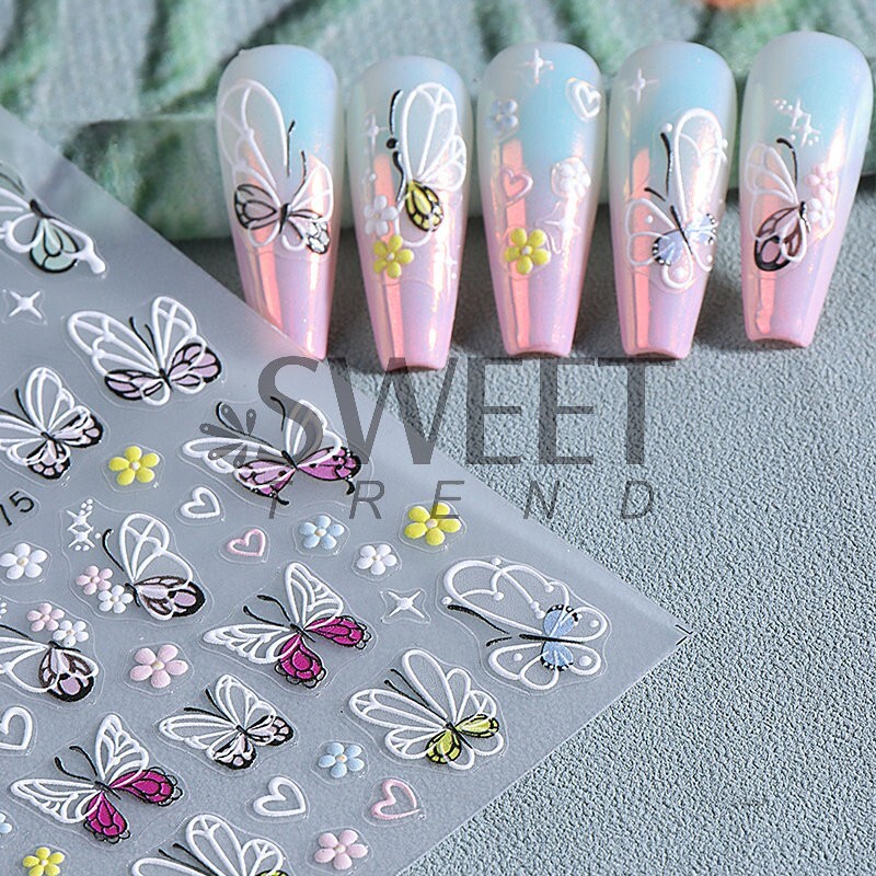 5D Red Pink Flower Camellia Nail Stickers Geometric Floral Butterfly Daisy Decal
