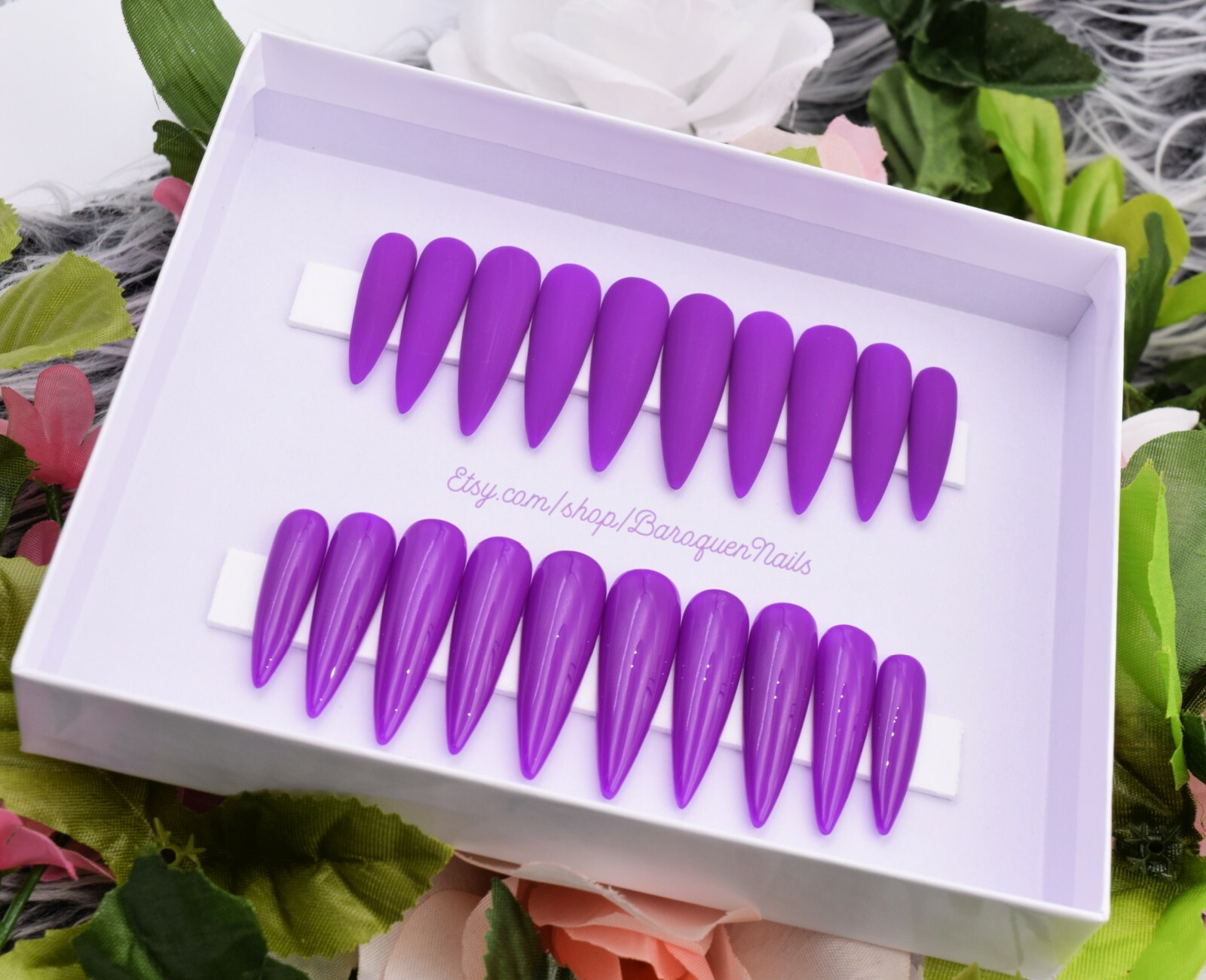 Neon Purple Press On Nails | Coffin Stiletto Nails Hand Painted Fake False Nails
