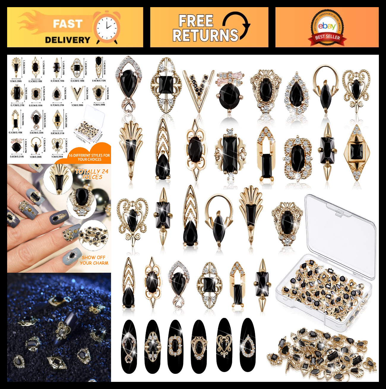 24 Pcs 3D Nail Charms Gold Black Rhinestones Acrylic Nail Art Jewels Crystals Bo