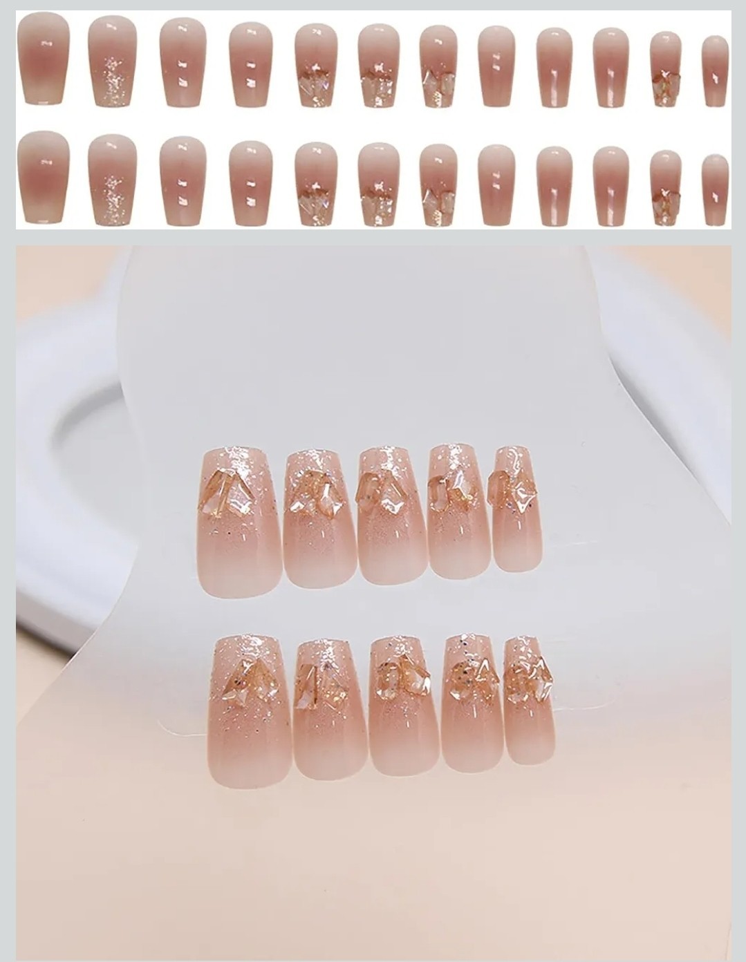 Medium Square Beige Gold Glitter 3D Press-On Nails Set Ombre Full Cover Acrylic