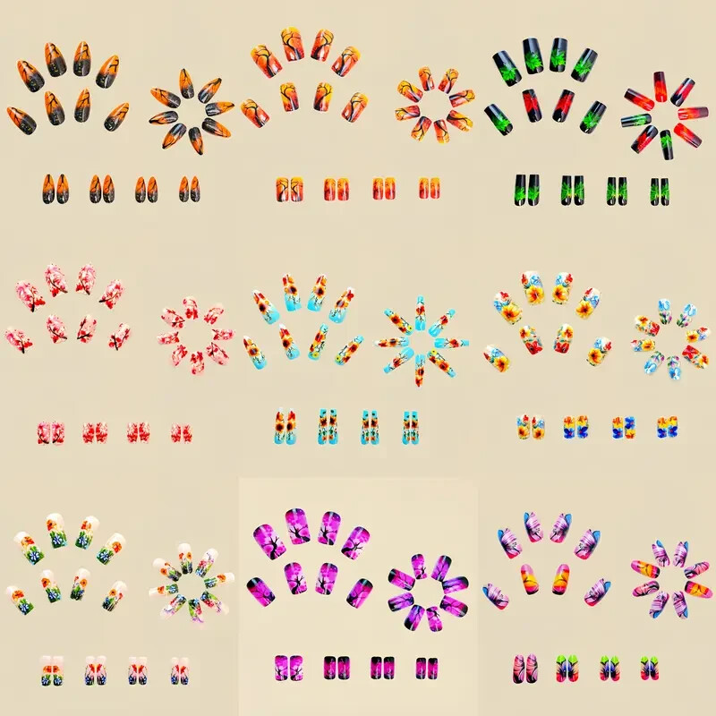 216pcs Spring/Summer Floral Press-On Nail Set, Glossy Finish, Medium and Long